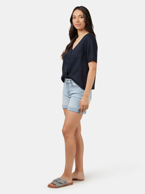 Carrie Button Front Linen Tee, Blue, hi-res