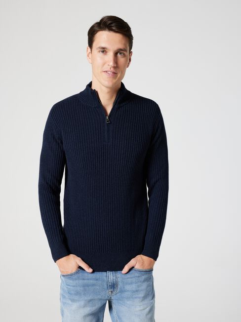 Shaun Funnel Zip Neck Knit, Ink Marle, hi-res