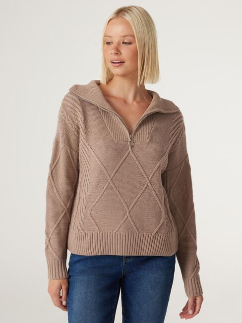 Opal Half Zip Knit, Latte , hi-res