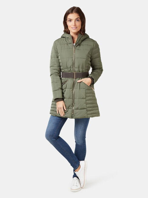 Rory Longline Padded Puffer Jacket, Green, hi-res