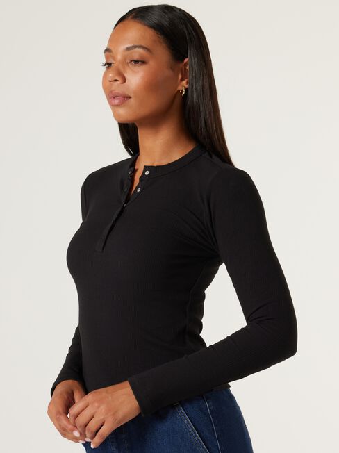 J-Luxe Henley Top, Black, hi-res