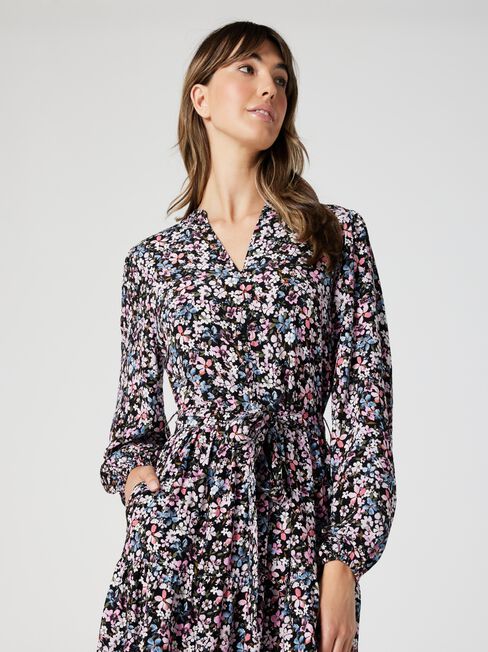 Georgina LS Midi Dress, Watercolour Floral, hi-res