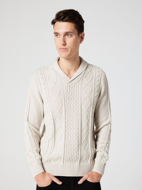 Moby Cable Shawl Neck Knit, Oatmeal Marle, hi-res