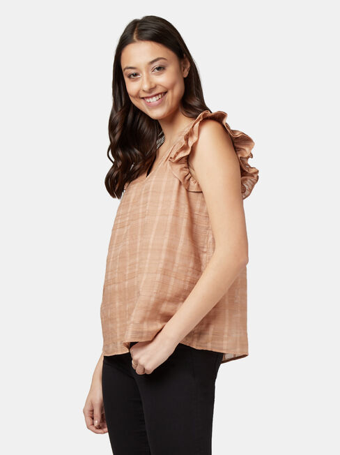 Freya Textured Frill Sleeve Top, Brown, hi-res