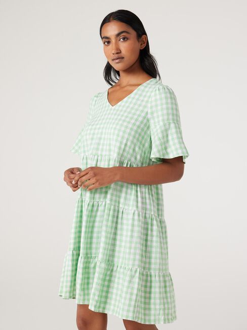 Lilah Tiered Dress, Green Gingham, hi-res
