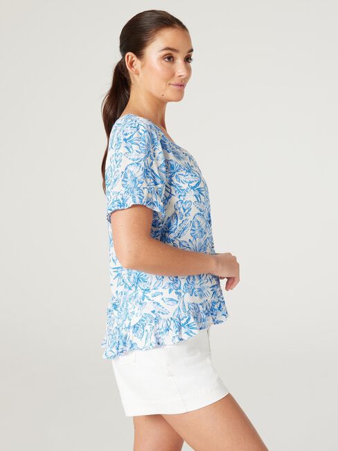 Angela Button Through Top, Blue Botanical, hi-res
