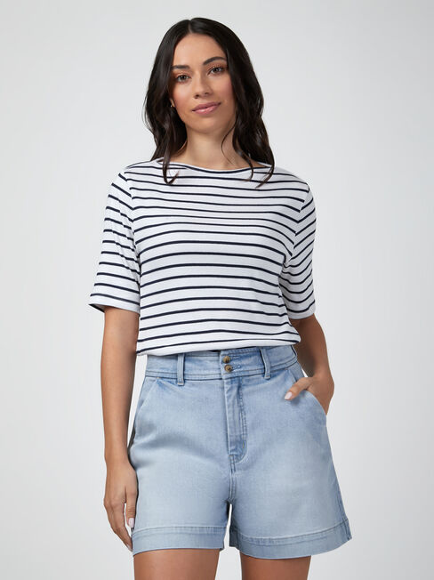 Rib Elbow Sleeve Boatneck Tee, Stripe, hi-res