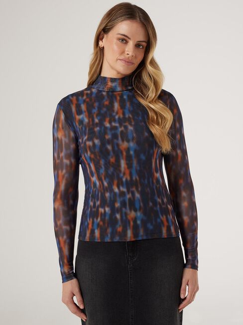 Kim Mesh Mock Neck Top, Print, hi-res