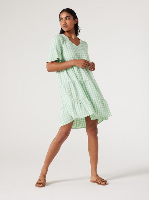 Lilah Tiered Dress, Green Gingham, hi-res