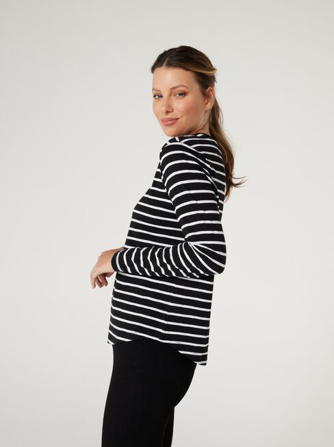 Essential Long Sleeve Crew Neck, Black & White Stripe, hi-res
