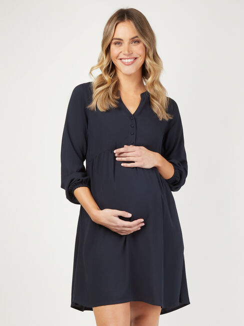 Amity Half Button Maternity Dress, Blue, hi-res