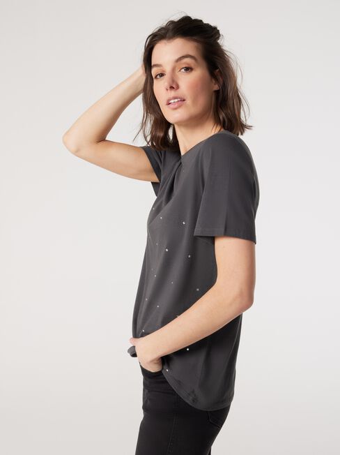 Erin Stud Detail Tee, Grey, hi-res
