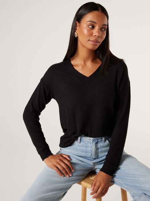 Viv V-Neck Soft Touch Top, Black, hi-res