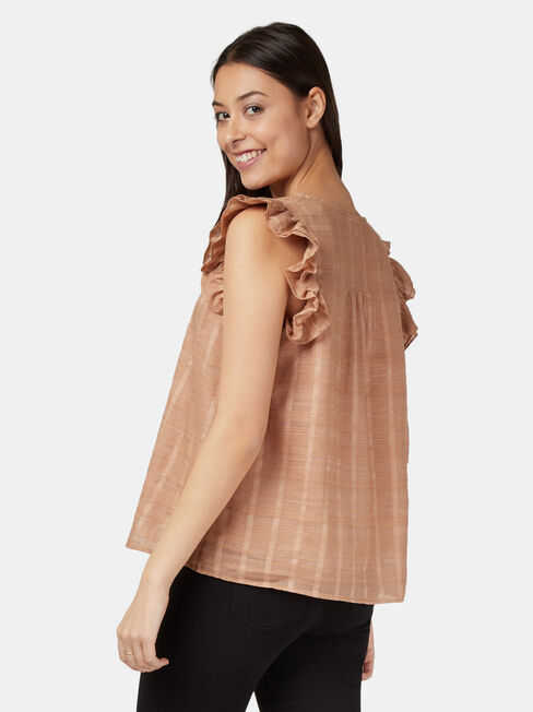 Freya Textured Frill Sleeve Top, Brown, hi-res