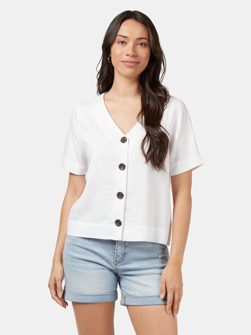 Carrie Button Front Linen Tee, White, hi-res