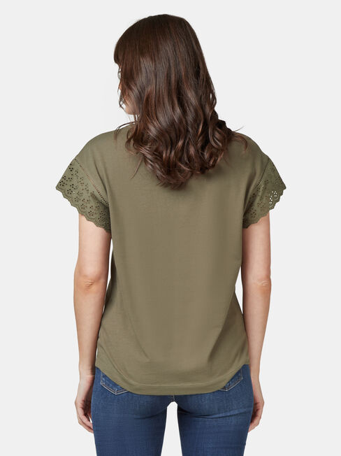 Beth Broderie Trim Tee, Green, hi-res
