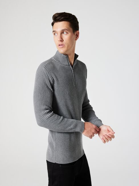 Shaun Funnel Zip Neck Knit, Grey Marle, hi-res