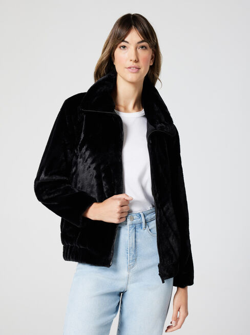 Dina Teddy Bomber Jacket, Black, hi-res