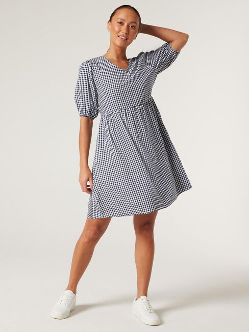 Heni V-Neck Dress, White/Navy Gingham, hi-res