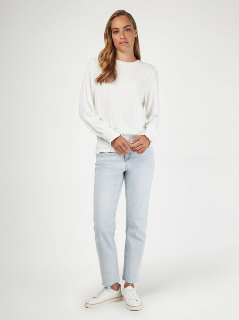 Jemma Jersey Shirred LS Top, White, hi-res