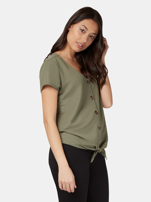Olivia Button Tie Front Tee, Green, hi-res