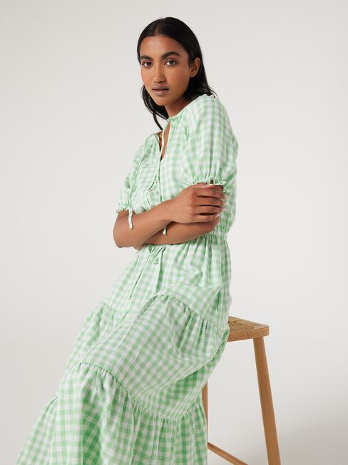 Grace Tiered Midi Dress,  Green Gingham, hi-res