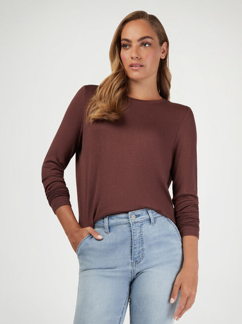 Maddie Soft Touch Curve Hem Pullover, Brown, hi-res