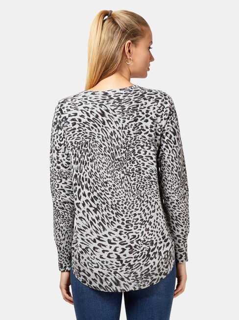 Leo Leopard Curve Hem Pullover, Grey, hi-res
