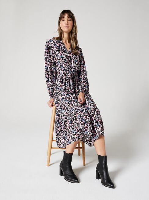 Georgina LS Midi Dress, Watercolour Floral, hi-res