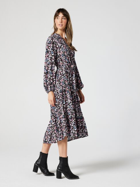 Georgina LS Midi Dress, Watercolour Floral, hi-res