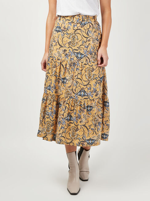 Sara Belted Tiered Skirt, Yellow, hi-res