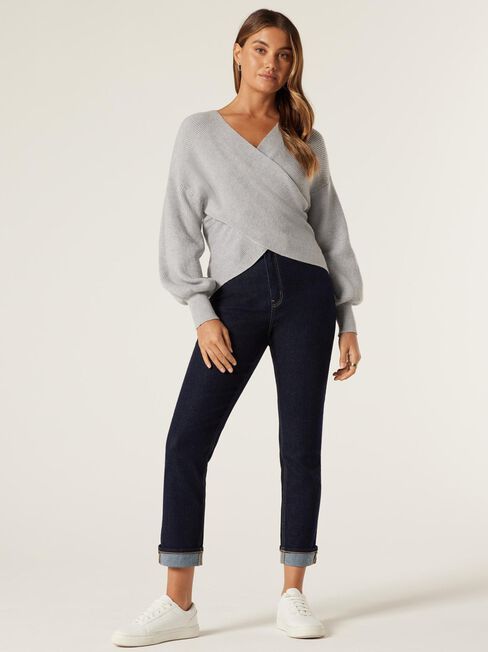 Ruby Rib Cross Front Knit, Grey Marle, hi-res