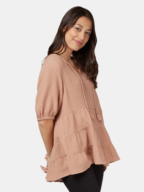 Cara Cheesecloth Tiered Top, Brown, hi-res