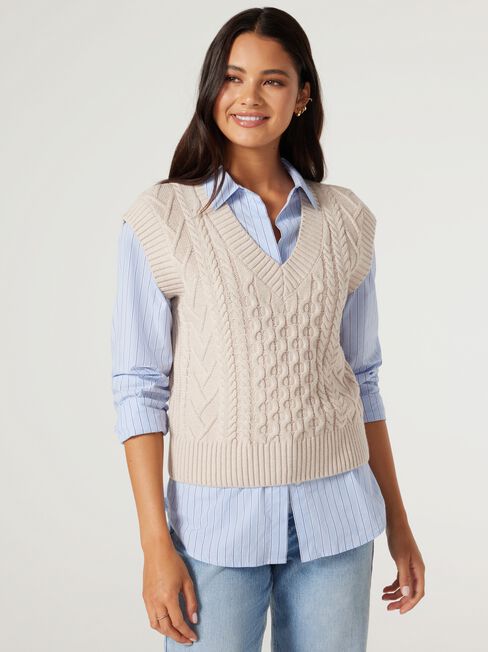 Isadora Cable Knit Vest, Oatmeal, hi-res