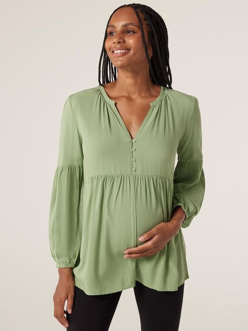 Ella Button Closure LS Maternity Blouse, sage, hi-res