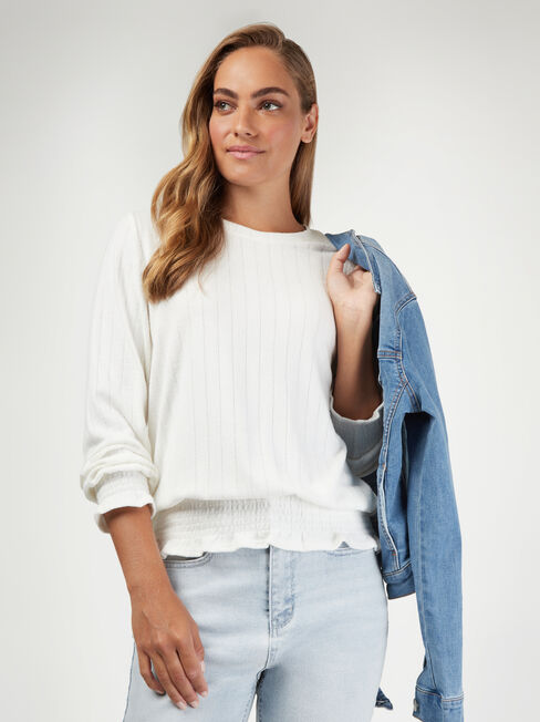 Jemma Jersey Shirred LS Top, White, hi-res