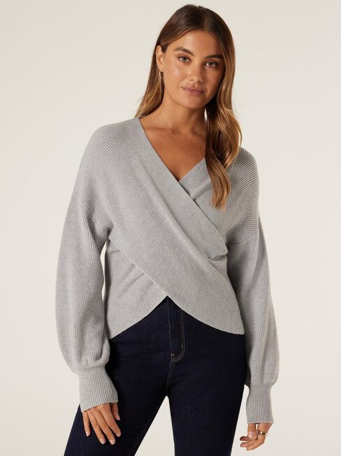Ruby Rib Cross Front Knit, Grey Marle, hi-res