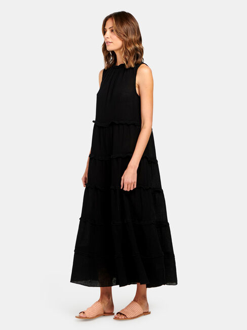 Sophie Sleeve Tiered Midi Dress, Black, hi-res