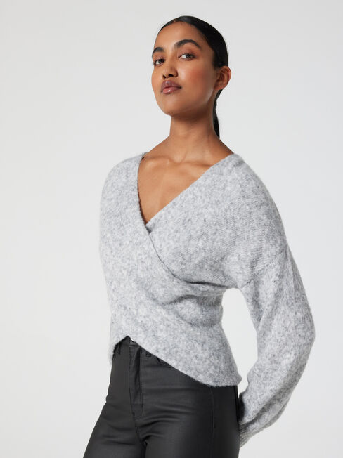 Charlotte Cross Over Knit, Grey Marle, hi-res