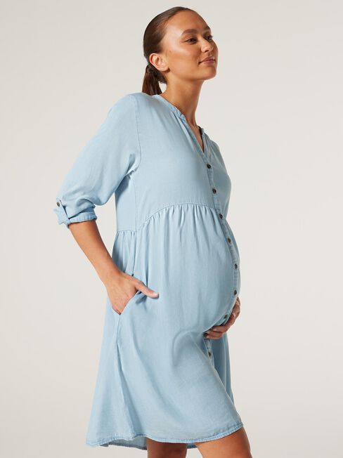 Tencel Half Button Maternity Dress, Chambray, hi-res