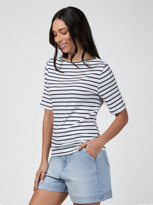 Rib Elbow Sleeve Boatneck Tee, Stripe, hi-res