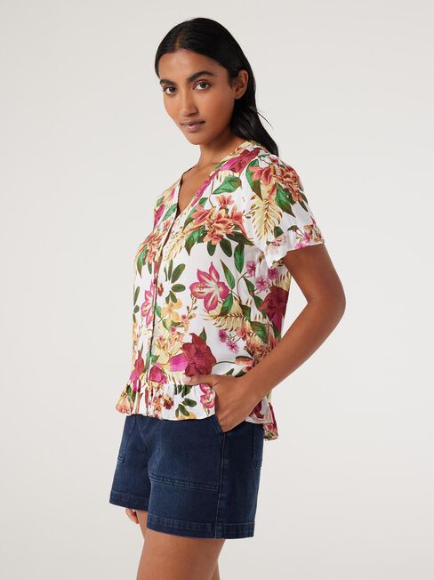 Angela Button Through Top, Tropical Punch, hi-res