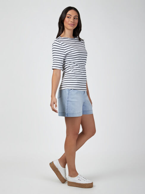 Rib Elbow Sleeve Boatneck Tee, Stripe, hi-res