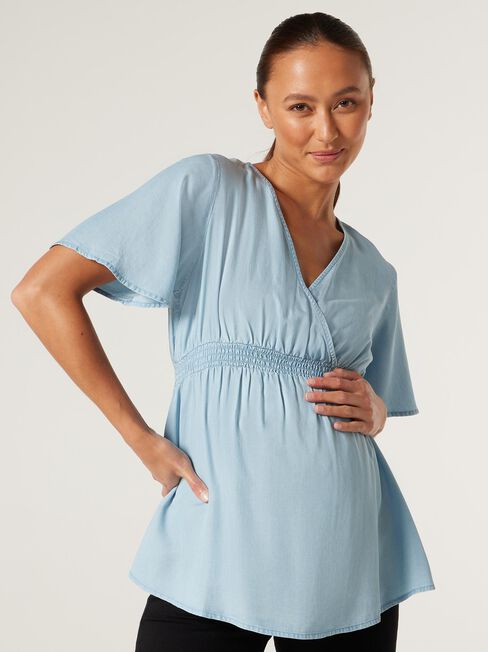 Bella Wrap Tencel Maternity Top, Chambray, hi-res