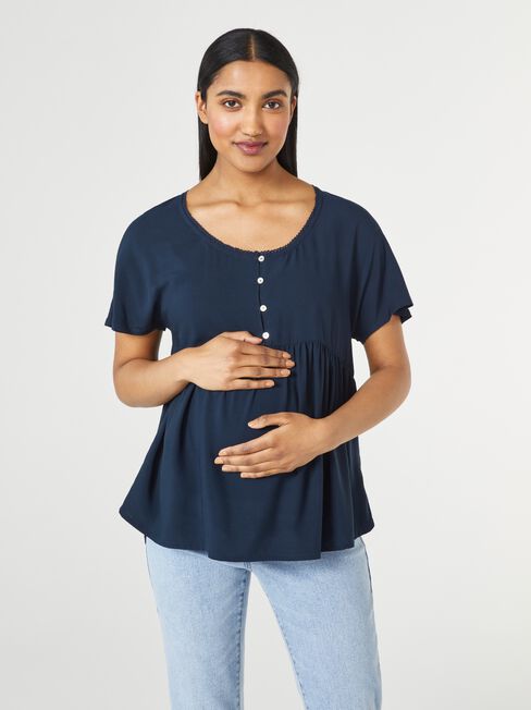 Lacey Half Button Maternity Top, Navy, hi-res