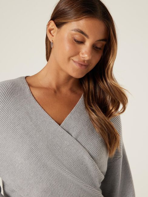 Ruby Rib Cross Front Knit, Grey Marle, hi-res