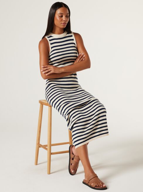 Jen Knit Dress, White Navy Stripe, hi-res