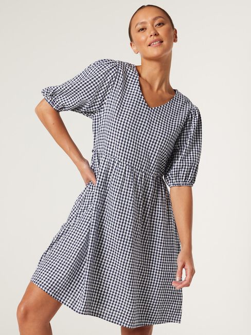 Heni V-Neck Dress, White/Navy Gingham, hi-res