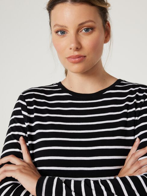 Essential Long Sleeve Crew Neck, Black & White Stripe, hi-res