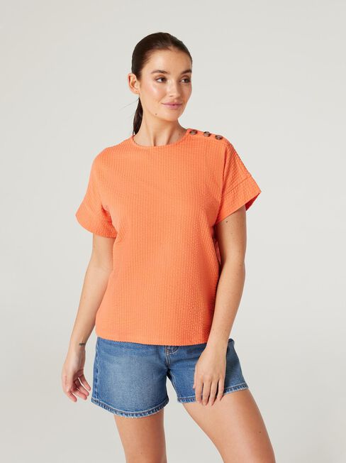 Louise Textured Button Detail Tee, Orange, hi-res